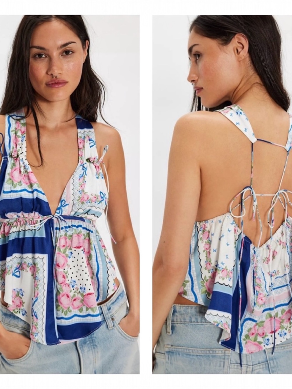 For Love & Lemons Cassandra Pink Blue Rose Breezy Print Top XL